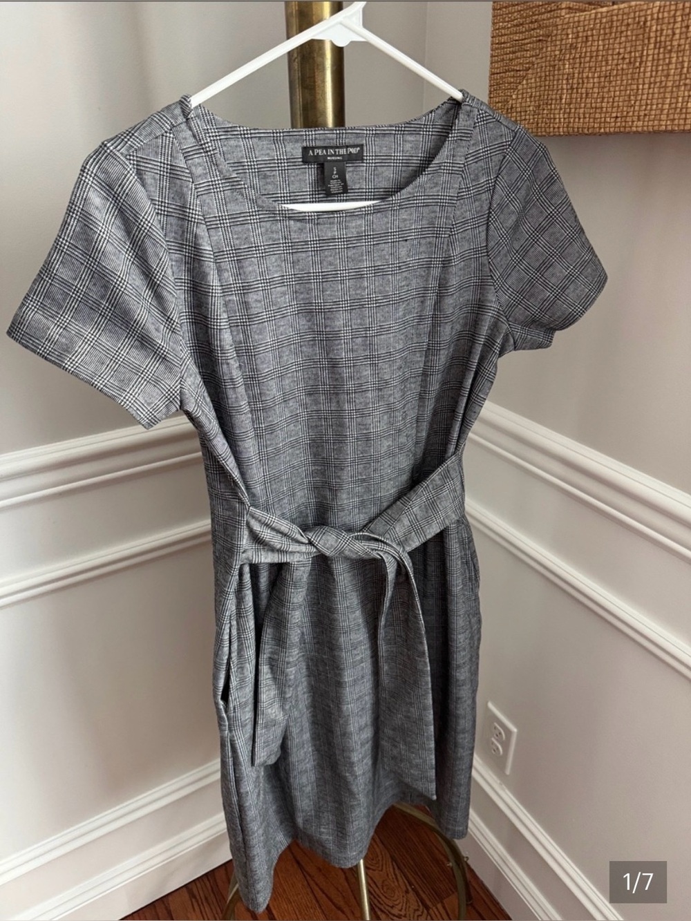 A Pea in the Pod Gray Plaid Maternity and Nursing Dress with Tie Waist